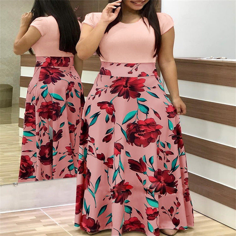Cross Aliversion Of Style Flower Print Color Short-Sleeved Large-Size Dress Female