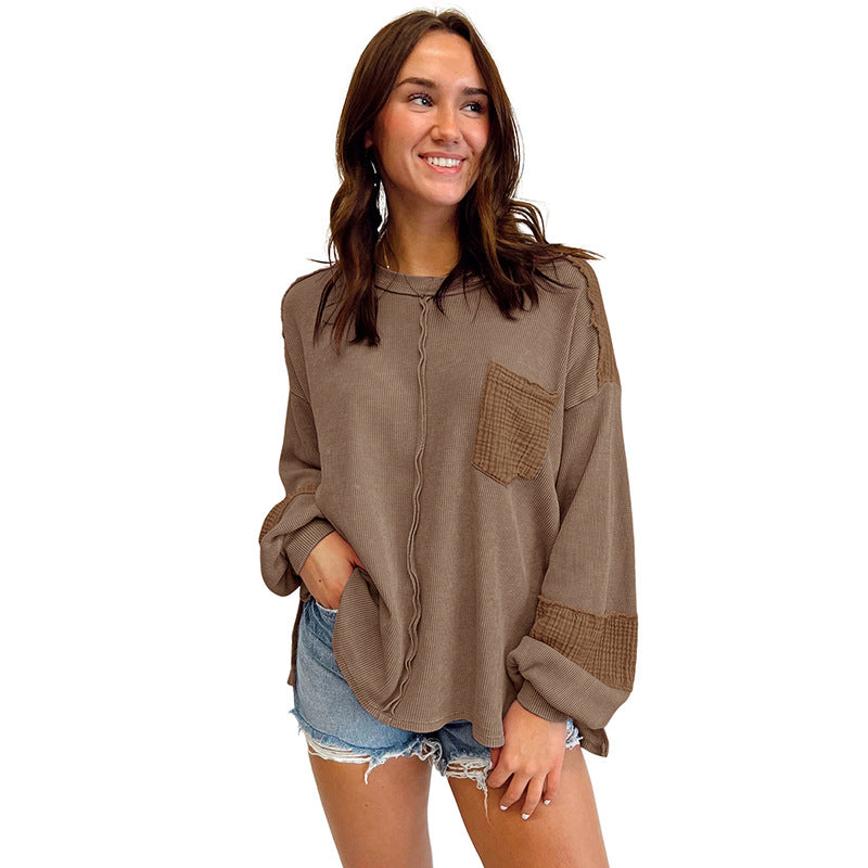 Autumn New Open Seam Patchwork Waffle Sweatshirt Women Casual With All Round Neck Pullover Women