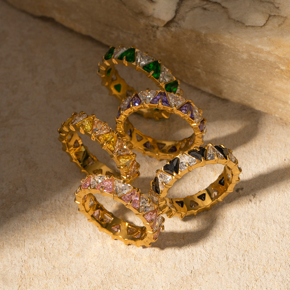 5pcs 18K Gold Stainless Steel Inset Triangular Zircon Ring Does Not Fade Niche Jewelry