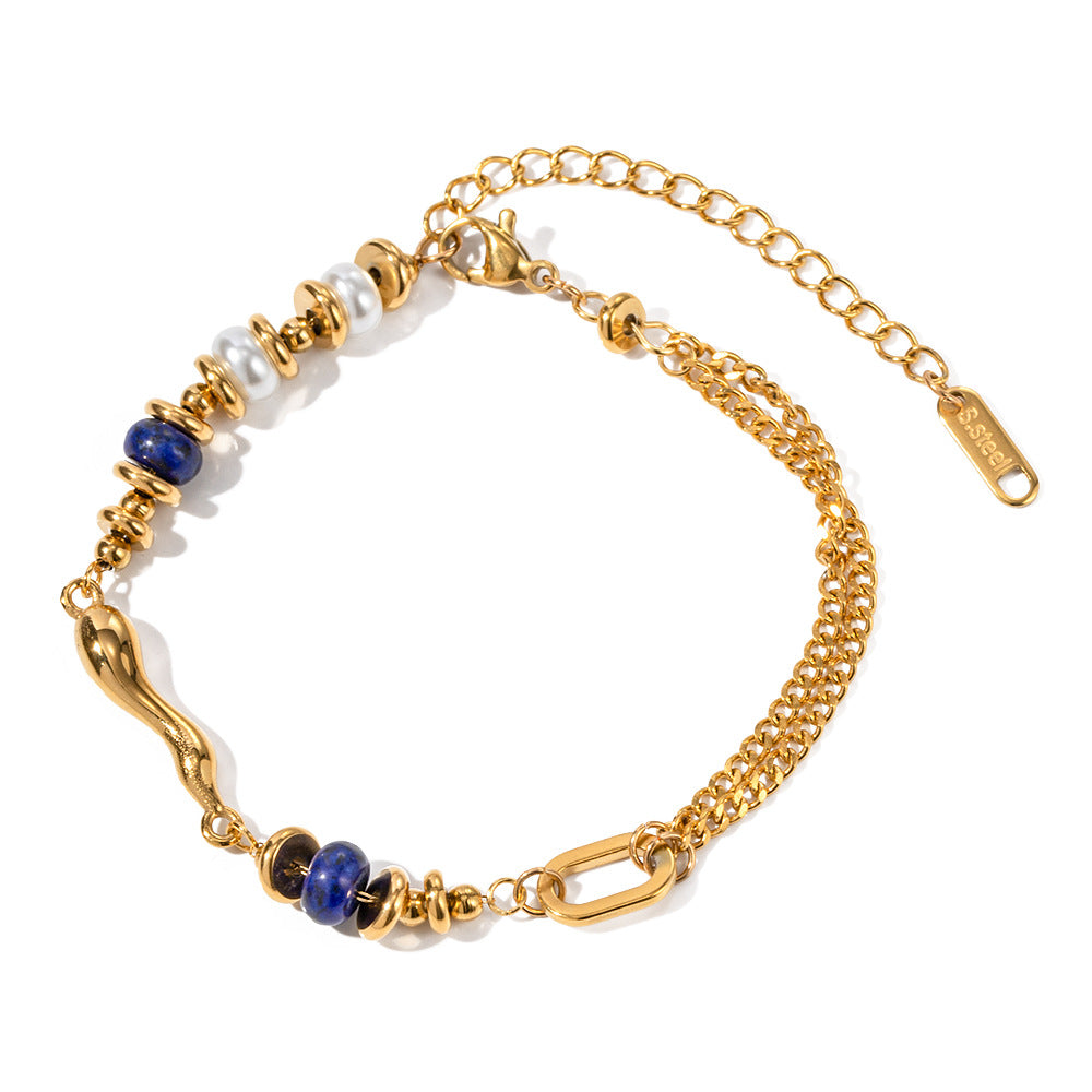5pcs New 18K Stainless Steel Pearl Set With Lapis Lazuli Drop Bracelet Accessories