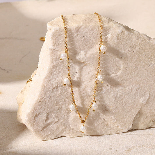 5pcs Elegant Style Pearl Millet Bead Fringe Collar Necklace 18K Gold Stainless Steel Necklace Ladies Temperament Collarbone Chain