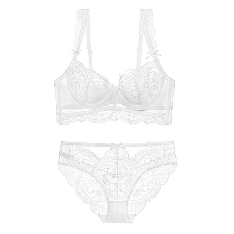 New Sexy Lace Underwear Ultra Thin Transparent No Sponge Large Size Large Breasts Show Small Bra Set