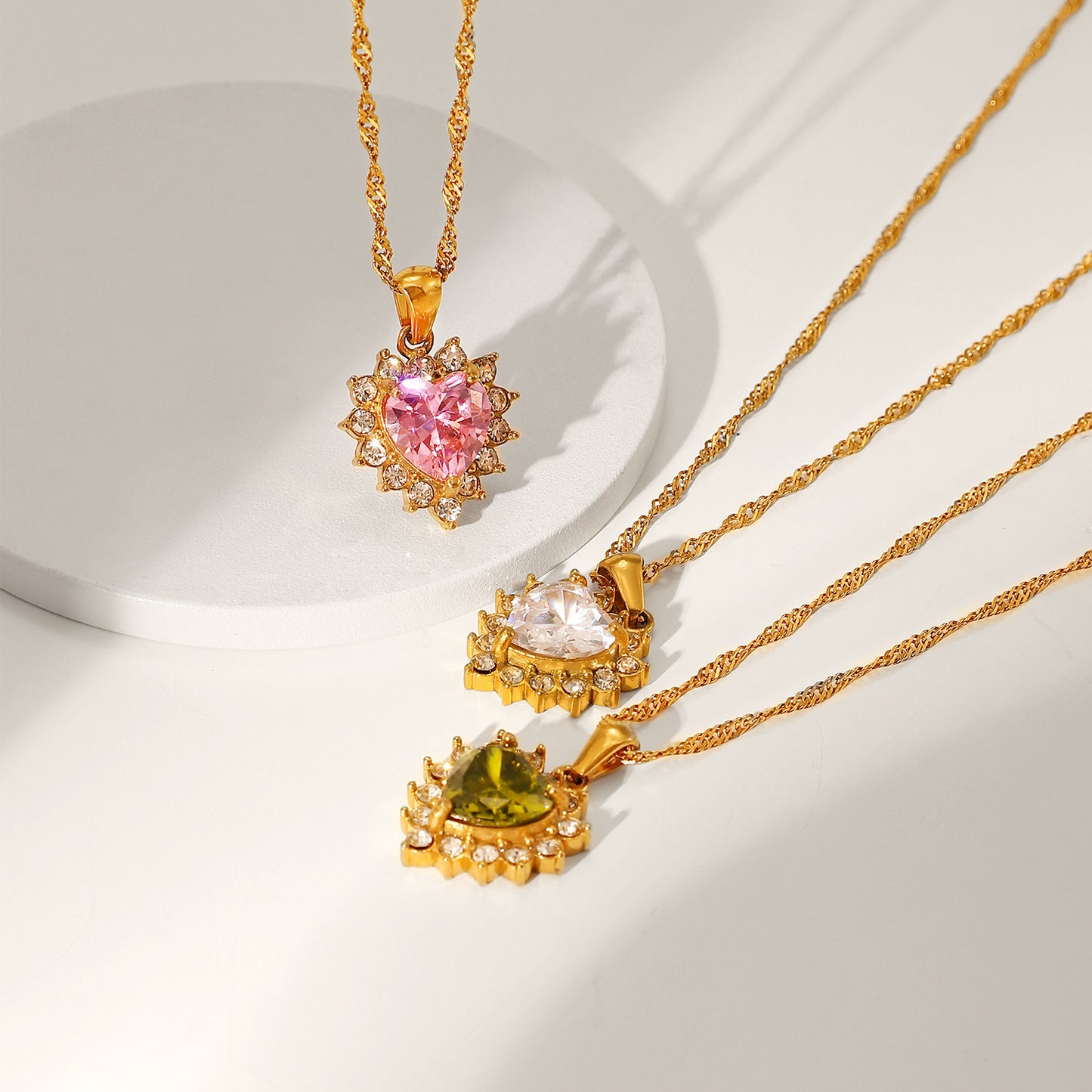 5pcs Women's Zircon Heart Necklace Stainless Steel Jewelry 18K Gold Chain Necklace Shiny Green // White Pendant Necklace