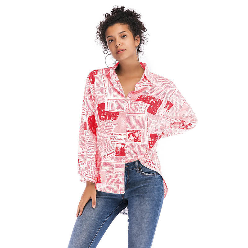 Hot Long-Sleeved Newspaper Letter Printed Shirt Women's Design Sense Niche Women's Wear