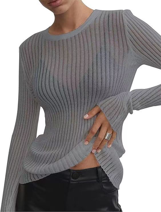 Spring And Summer New Solid Color Long Sleeve Pit Strip Round Neck Breathable Top For Women