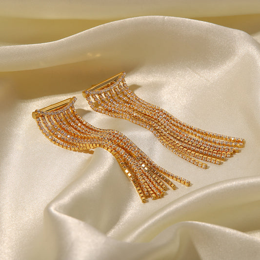 5pcs Stylish Diamond-Encrusted Geometric Long Chain Tassel Earrings 18K Gold-Plated Temperament Studs Design Sense Earrings For Women