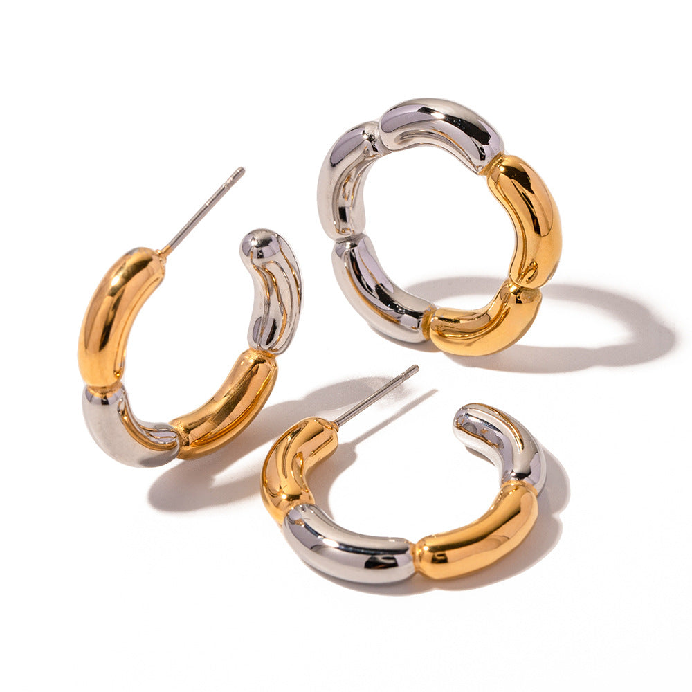 5pcs Geometric High Touch 18K Gold Stainless Steel Two-Color C-Shaped Flower Earrings Jewelry