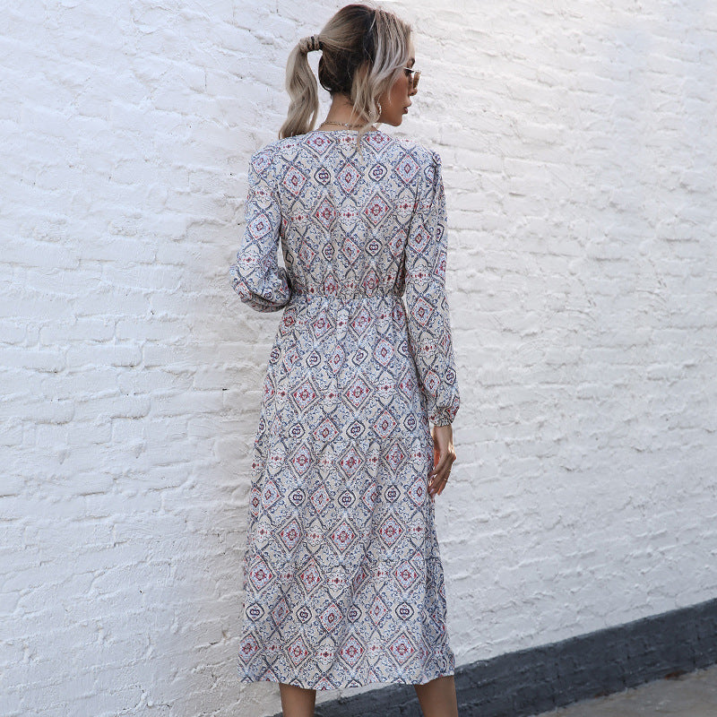 V-Neck Long Sleeve Print Dress with a Stylish Side Slit for Women