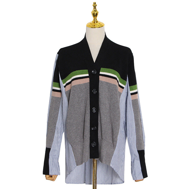 Spring Clashing Button Cardigan Design Clashing Color Splicing Stripe Shirt Knitted Splicing Coat