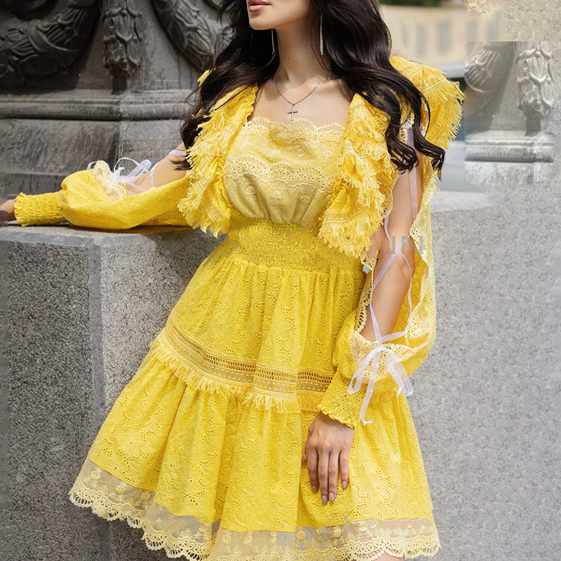Sweet Retro Style Autumn Square Collar Puffy Sleeves Personality Ribbon Drawstring Design Elasticated Waist Dress