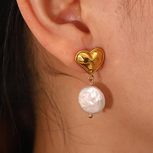 5pcs Style New 18K Gold Plated Vintage Stainless Steel Heart Baroque Pearl Pendant Earrings Earrings