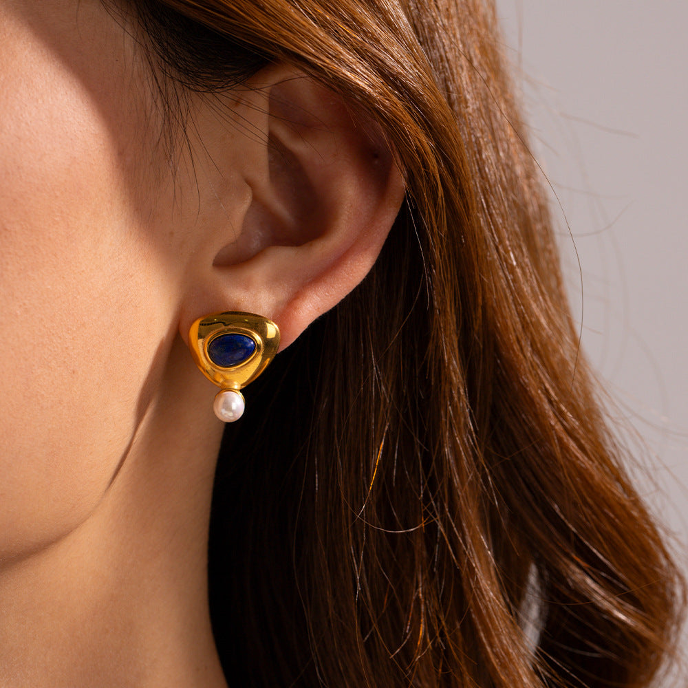 5pcs Summer New Style Retro Inlaid Lapis Lazuli Cold Metal Temperament All-Matching Titanium Steel Necklace