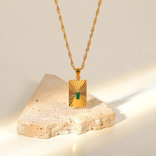 5pcs Vintage Emerald Zircon Mosaic Split Flower Rectangular Pendant Necklace 18K Gold Stainless Steel Collar Female