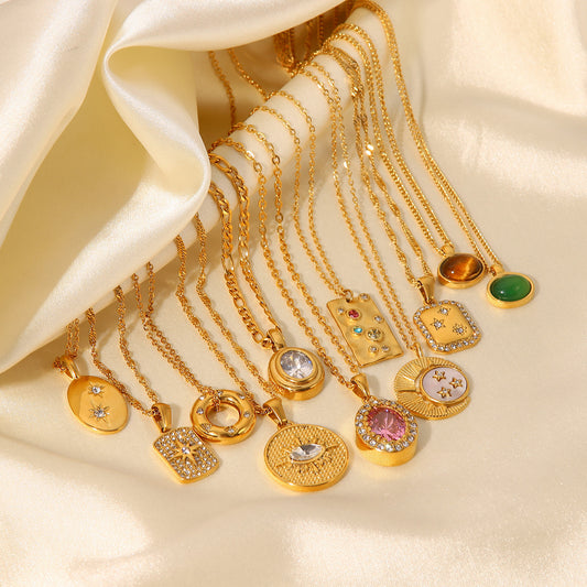 5pcs 18K Gold Stainless Steel Necklace Vintage Natural Stone Pendant Necklace Decorated With Zircon Necklace Female