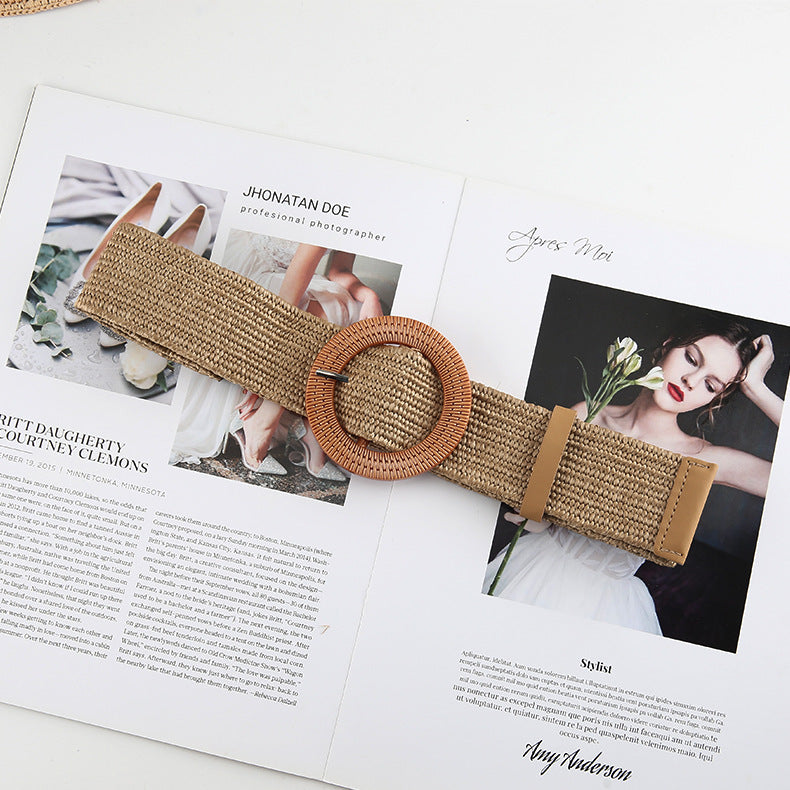 Cotton Hemp Wind Pp Grass Woven Belt For Women Round Square Buckle Dress Gown Decoration Belt