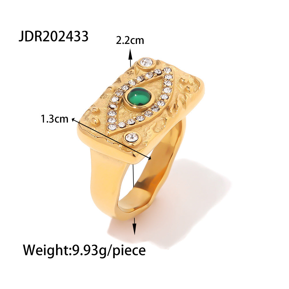 5pcs Women's 18K Gold Set Zircon Green Peacock Stone Lava Square Devil's Eye Square Ring