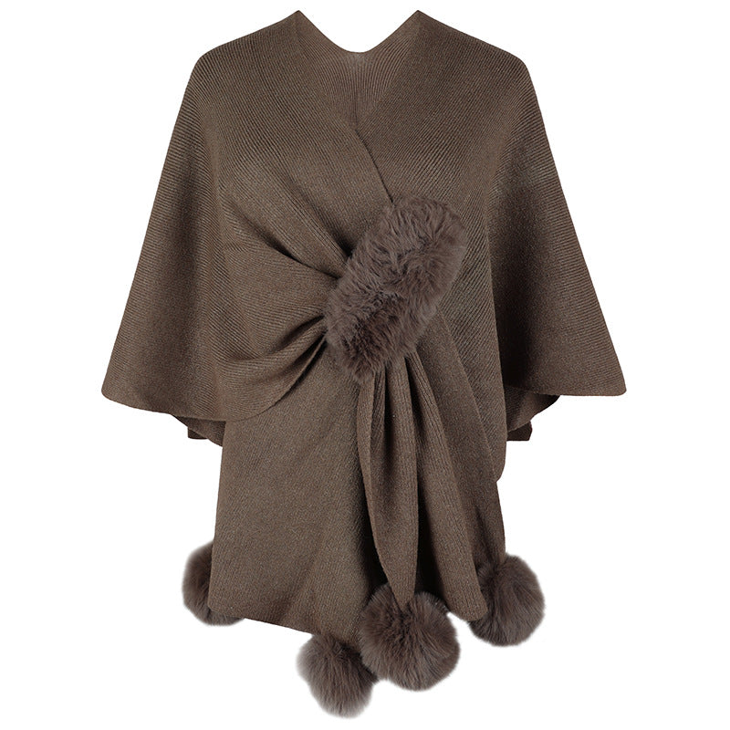 Drizzle Solid Color Fur Ball Cloak Sweater For Women New Autumn And Winter New Women Shawl Knitted Cardigan