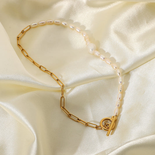 5pcs Stainless Steel Pearl Stitching Jewelry Set 18K Gold Plated Chain Ot Buckle Natural Light Pearl Necklace For Women