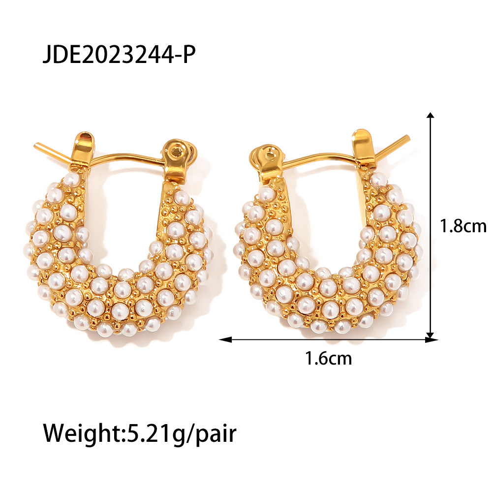 5pcs New Fashion Earrings 18K Gold Plated Stainless Steel Inlaid Green/White Square Zircon Ring Earrings