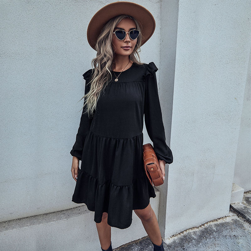 New Fashion Women's Long-Sleeved Black Loose Hepburn Dress