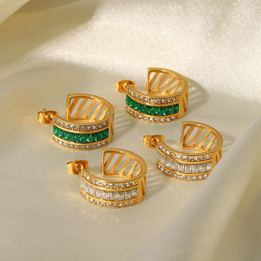 5pcs New Women's Titanium Steel Earrings 18K Gold Square Diamond Hollow Earrings Transparent Diamond/Green Diamond Earrings Stainless Steel Earrings