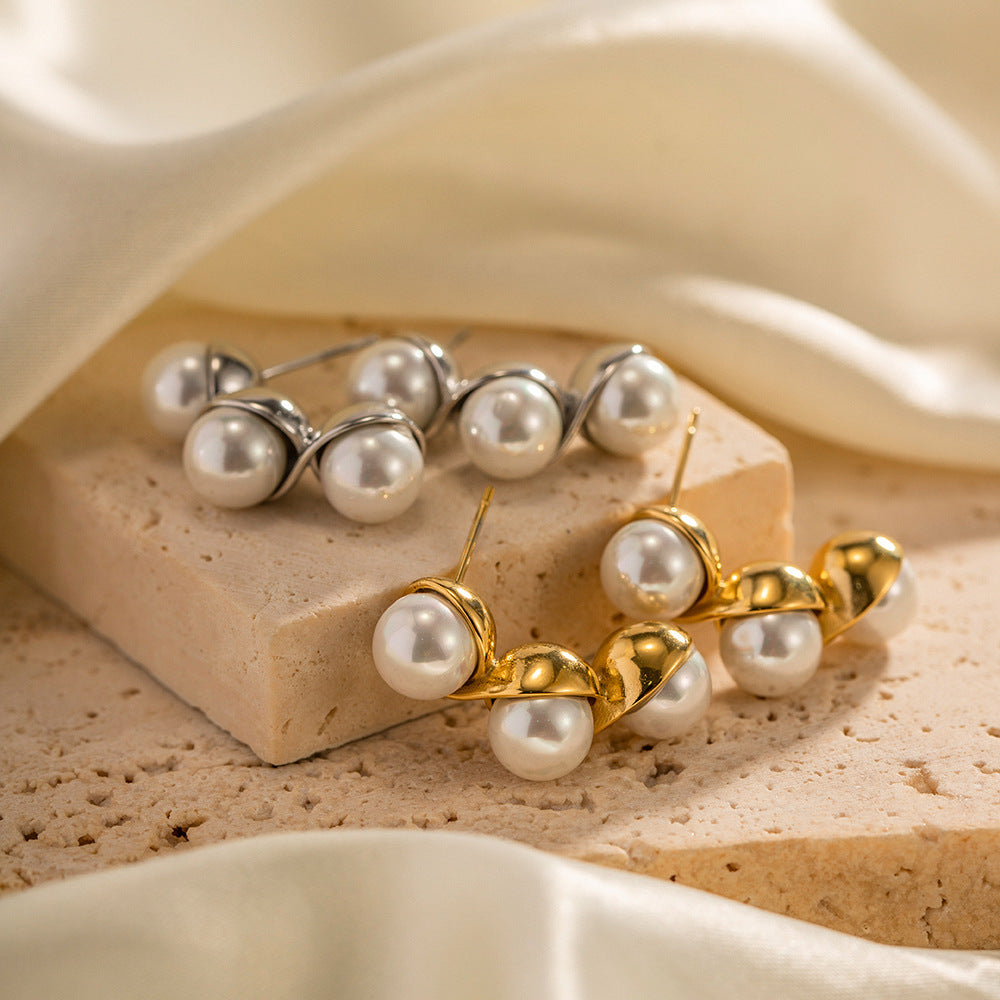 5pcs Accessories 16K Gold Plated 316L Stainless Steel Inlaid Pearl Earrings Temperament Fashion Earrings