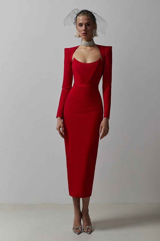 Fashion Shoulder Pads Sexy Low Cut Waist Bright Dress Elegant Temperament Bandage Dress