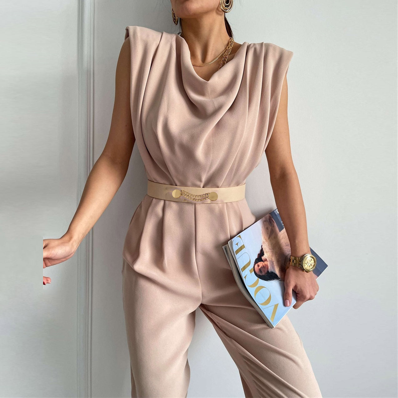 Summer New Fashion Commuter Jumpsuit Women's Crew Neck Shoulder Pad Sleeveless Waist Waist Rompers For Women
