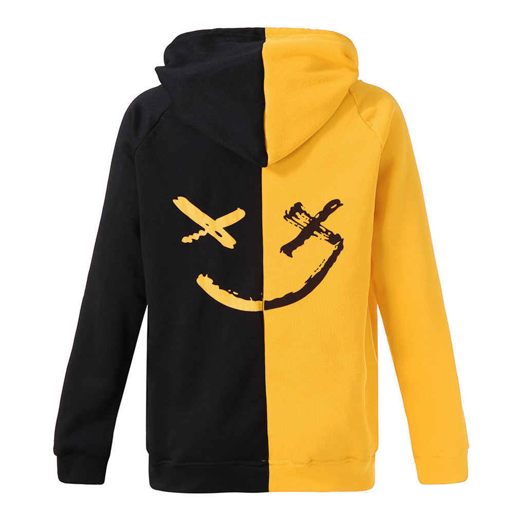 Men's Casual Fashion Color Matching Smiley Hoodie Long Sleeve Sports Hooded Top Men's Wear
