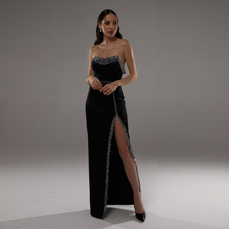 Women's Fall Sexy Strapless Bandage Dress High-Grade Temperament Pendant Fringe Irregular Dress