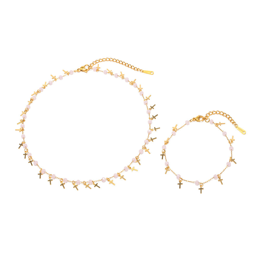 5pcs 18K Gold Stainless Steel Color Natural Stone Beads String Cross Fringe Bracelet Do Not Fade Jewelry