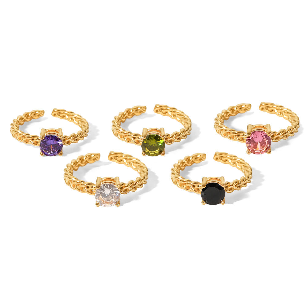 5pcs Women's Fashion All-Match Ring 18K Gold Stainless Steel Round Zircon Set Wheat Braided Adjustable Ring