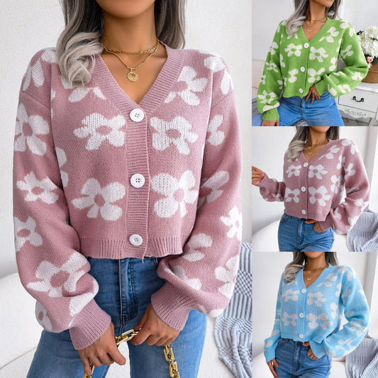 Wind Autumn And Winter Fashion Color Contrast Flowers Lantern Sleeve Cardigan Sweater Coat Women's Wear