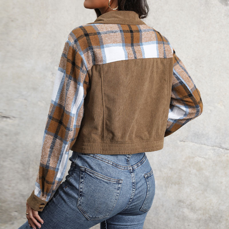 Spring New Corduroy Plaid Top Vintage Lapel Patchwork Cardigan Coat Women