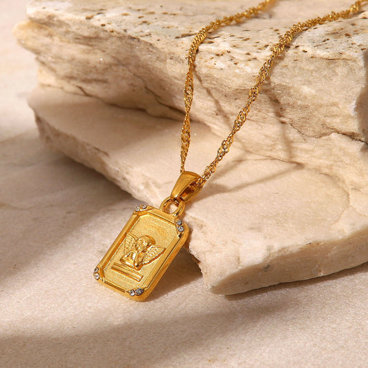5pcs 18K Gold Stainless Steel Necklace Vintage Collar Fashion Style Diamond-Square Brand Relief Angel Pendant Necklace