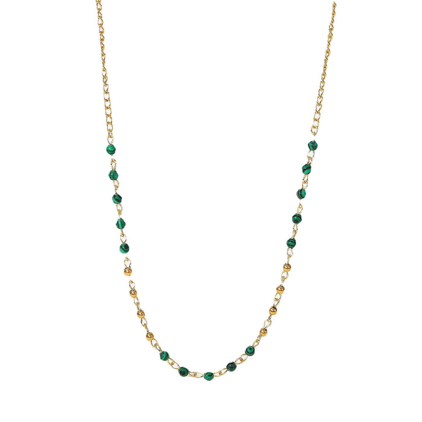 5pcs Fashion Style Collar 18K Gold Small Round Bead Stainless Steel Necklace Green Peacock Stone Round Bead Vintage Necklace Women