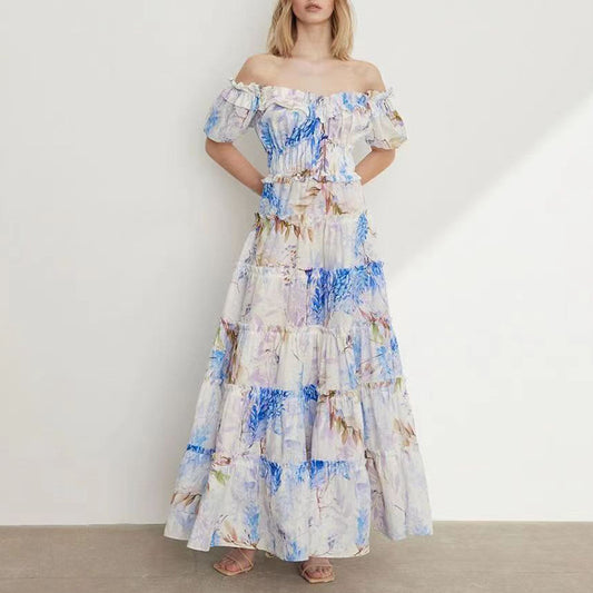 New Spring New Style One Shoulder Fold Print Lady Long Style Swing Dress