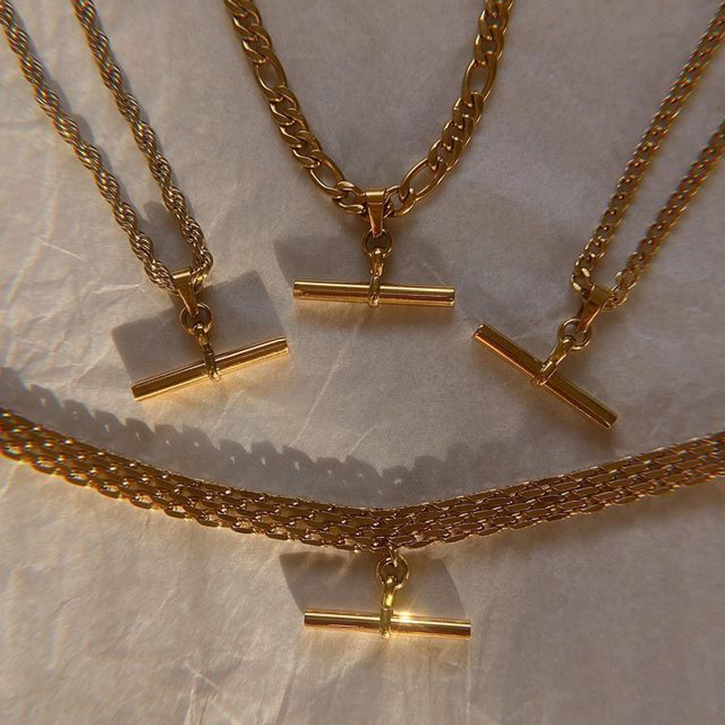 5pcs Punk Hip Hop 18K Gold Stainless Steel T-Stick Pendant Rope Chain/Figaro Chain/Cuban Chain Choker Necklace