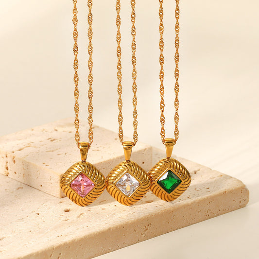 5pcs New Stainless Steel Necklace 18K Gold Square Rib Buttons White // Green Zircon Pendant Necklace For Women