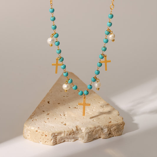 5pcs New Popular Women's Necklace Blue Stone Rice Bead Choker Cross Light Pearl Fringe Pendant Necklace