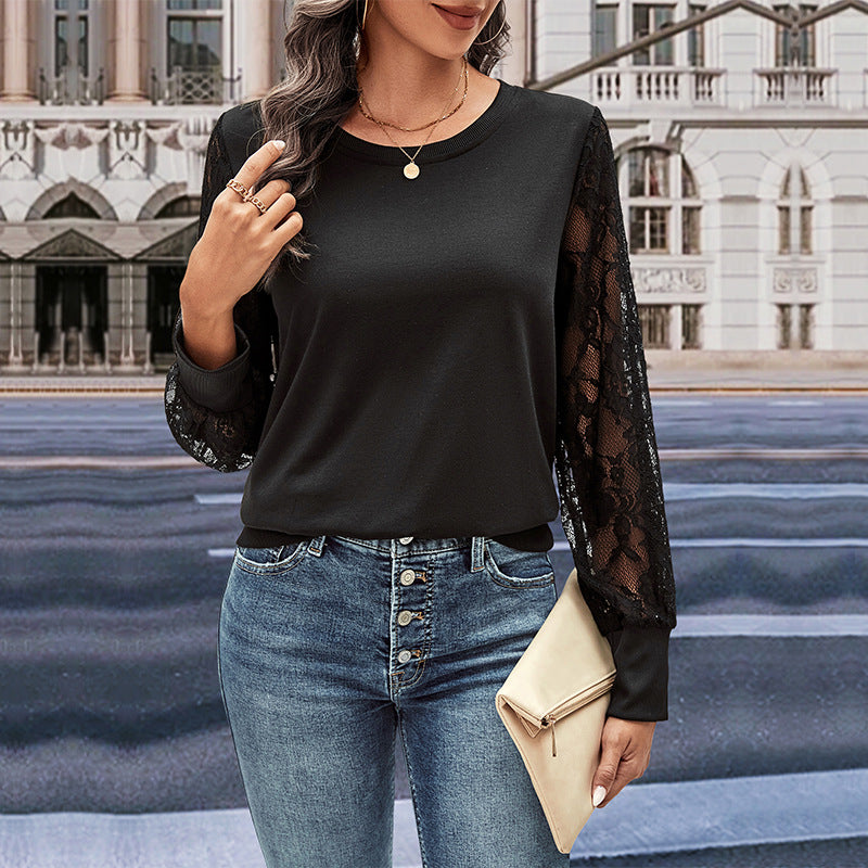 New Autumn New Women's Lace Stitching Black Hoodie Woman