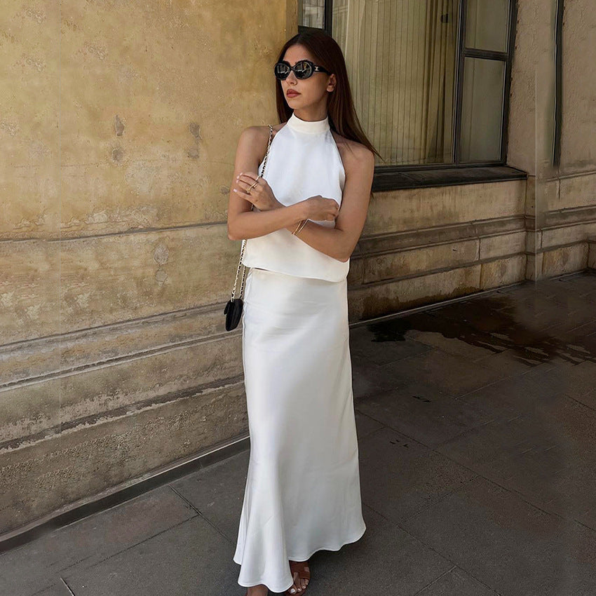 New Model Acetate Tint White Sleeveless Halter Waistcoat Fishtail Skirt Set Summer Fashion