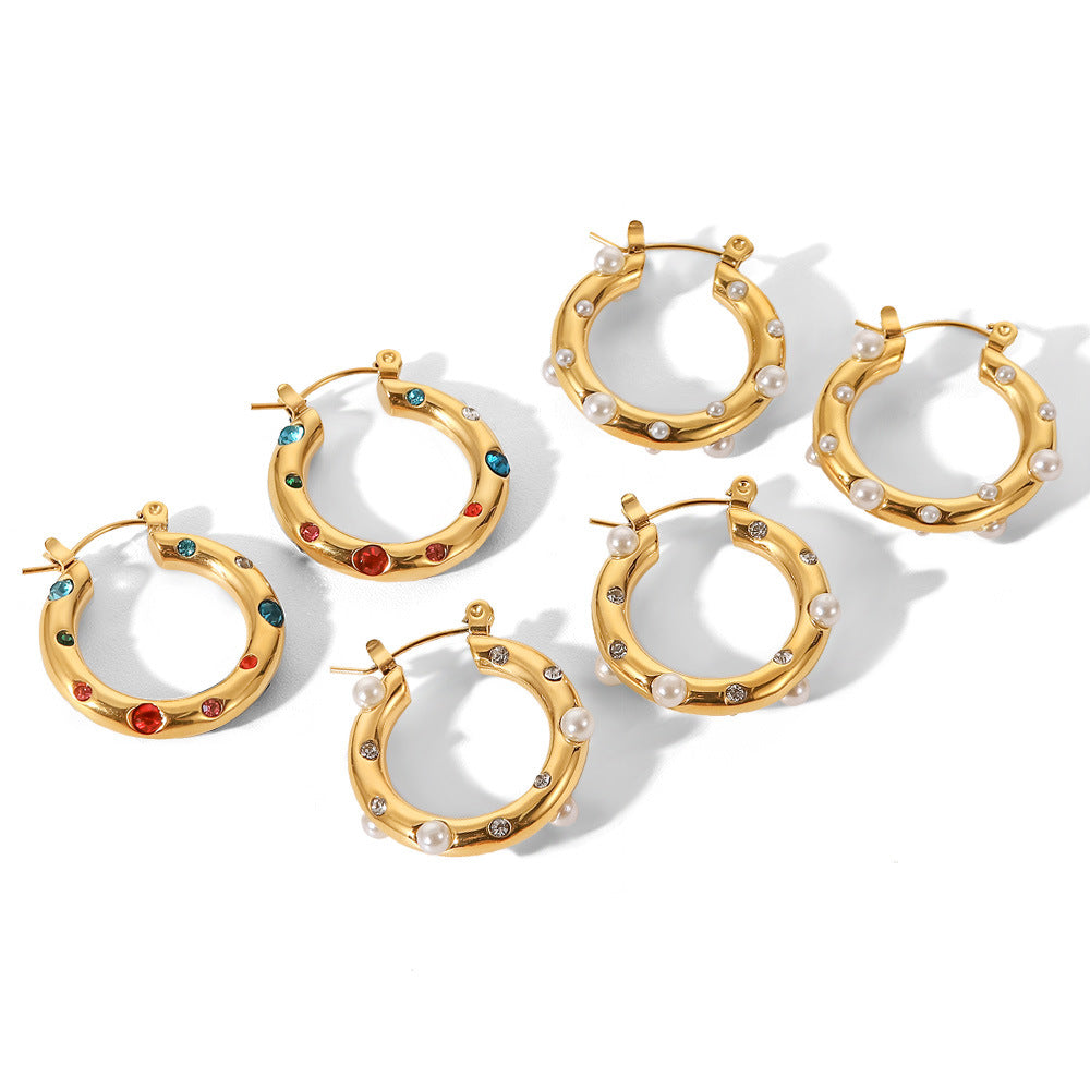 5pcs New Titanium Steel Ring Earrings 18K Stainless Steel Inlaid Pearl Zircon Earrings For Women