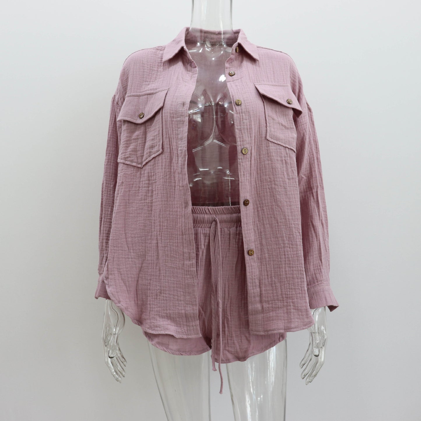 Women's Spring Lapel Loose Shirt High-Waisted Shorts Two-Piece Fashion Casual Suit