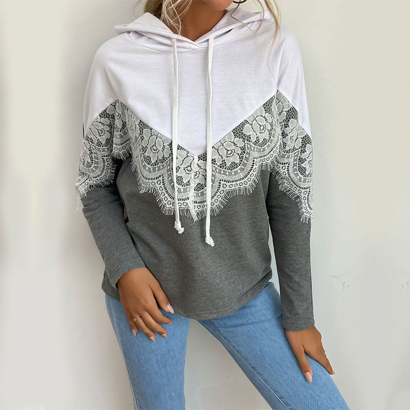 Through Autumn New Women's Long-Sleeved Hooded Pullover Lace Stitching Hoodie Hoodie