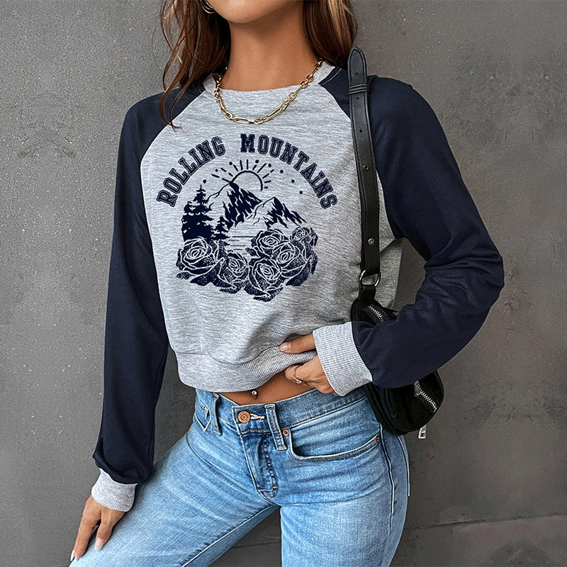 New Spring And Autumn College Style With Rotator Sleeve Bm Color Short Crop Round Neck Pullover Hoodie
