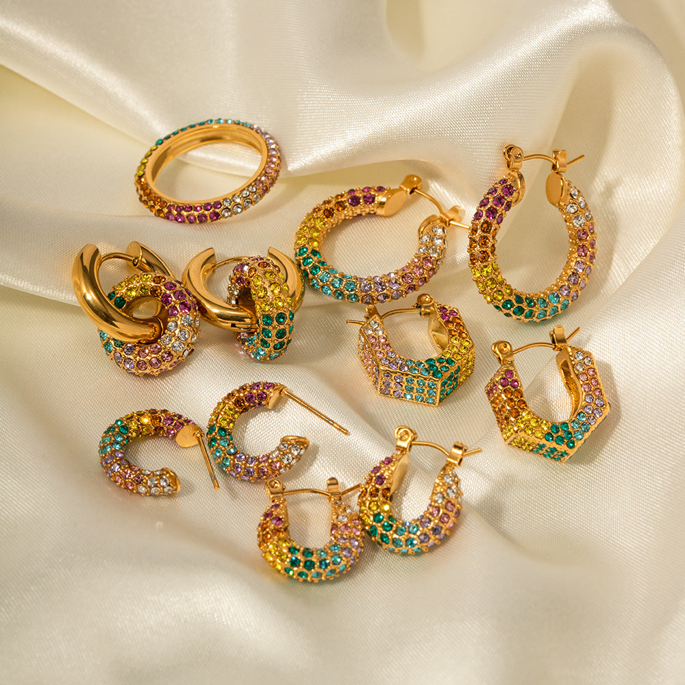 5pcs New Gold-Plated Earrings Multicolor Earrings Full Of Diamond Hoops High-Grade Sense Of Women