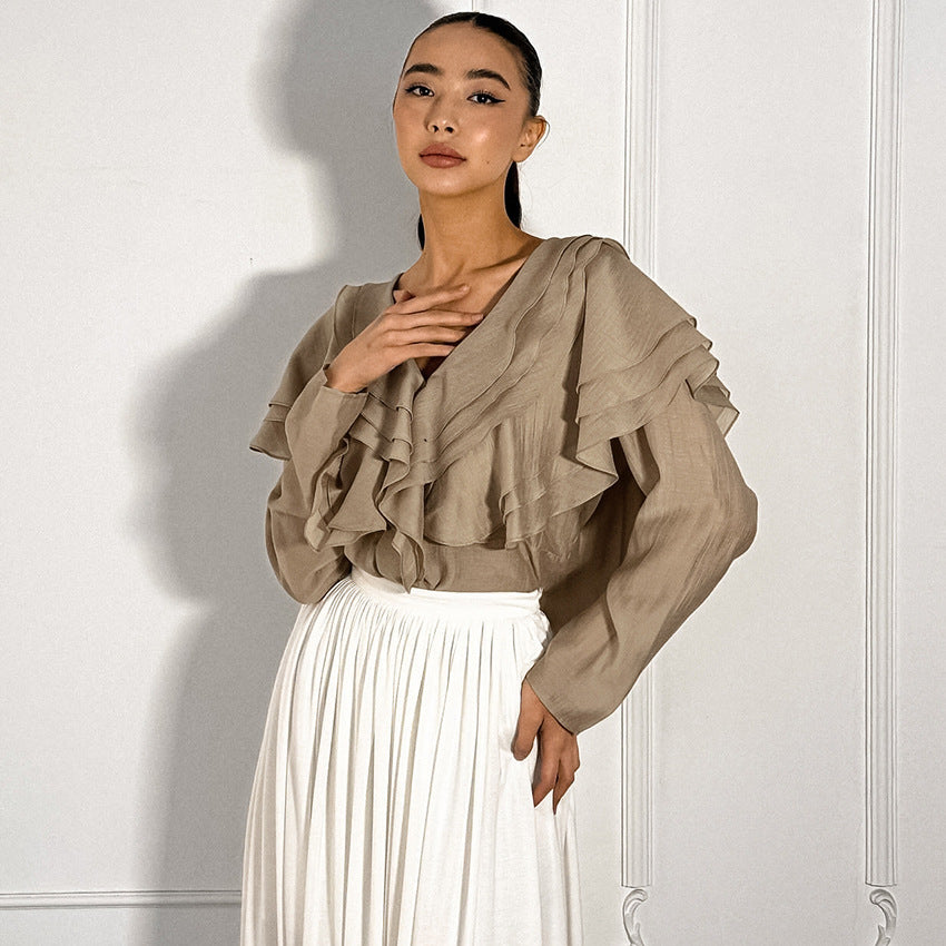 Sexy V-Neck Layered Ruffled Loose Gauze Women's Shirt New Spring Fashion Woman