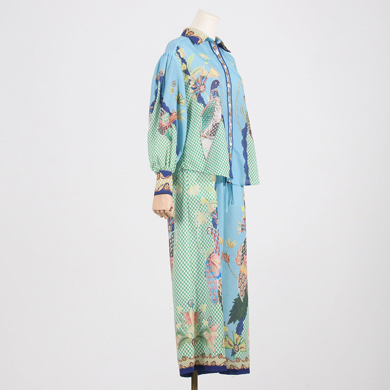 Autumn New Vintage Print Lapel Bubble Sleeve Long Sleeve Shirt + High Waist Wide Leg Mop Pant Suit