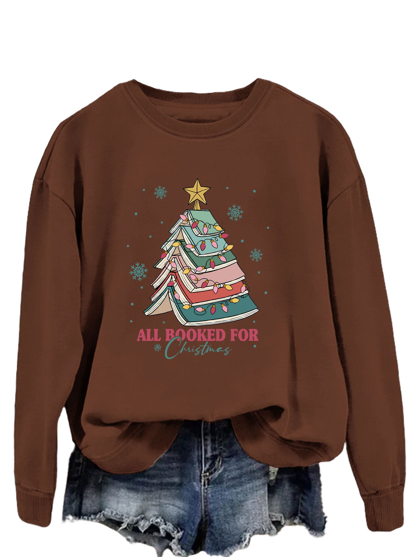 All Booked For Christmas Letters Fun Printed Casual Crew-Neck Hoodie